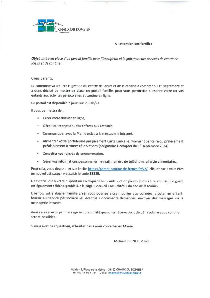 Courrier aux familles chaux du dombief