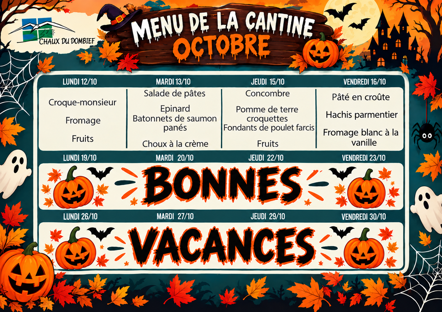 Menu de cantine halloween bonnes vacances